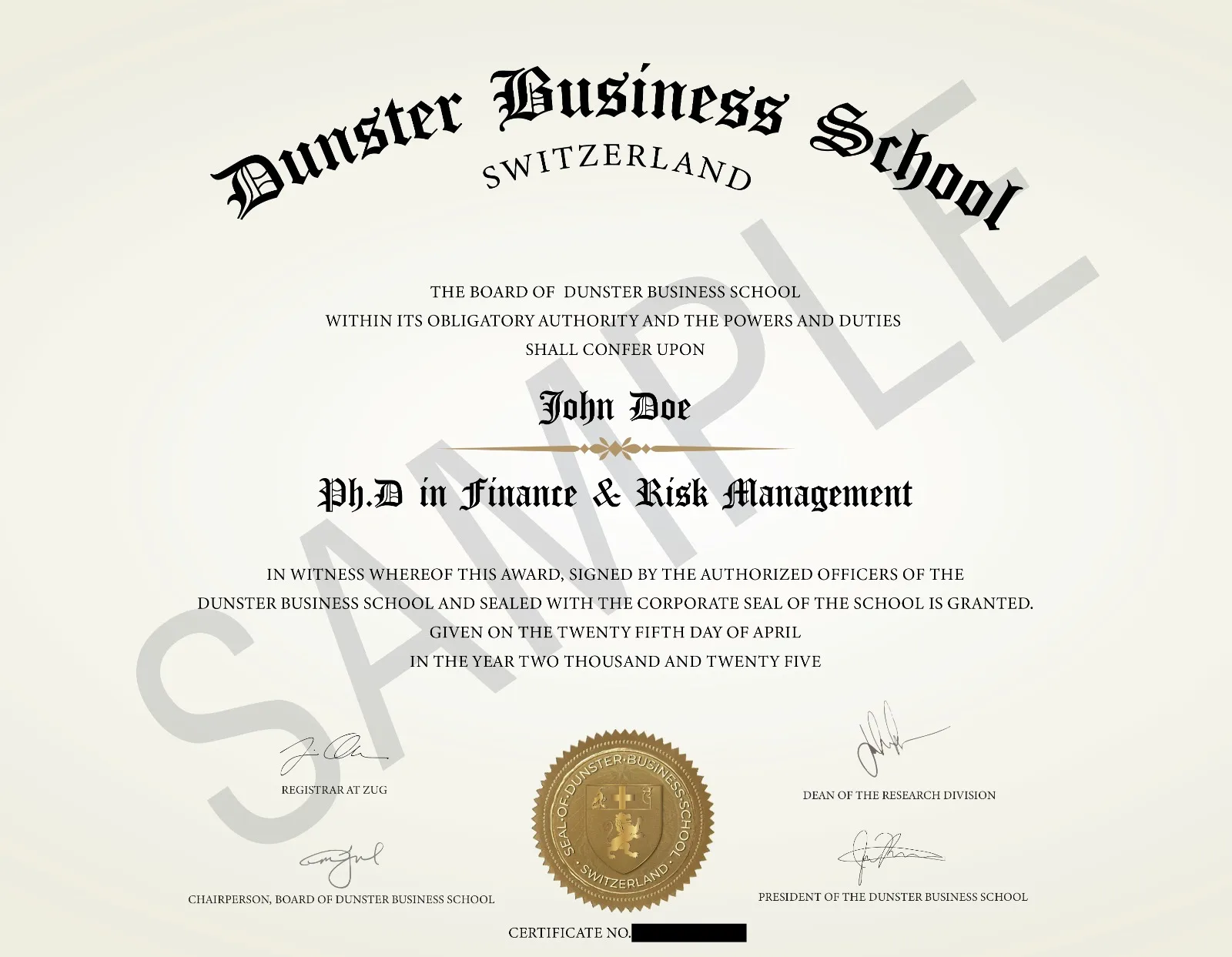 Dunster Business School Certificate