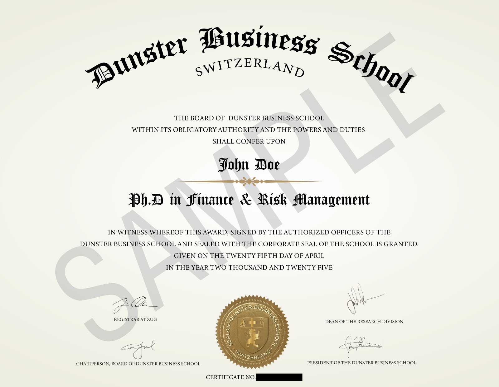 Dunster Business School Honorary Doctorate degree certificate