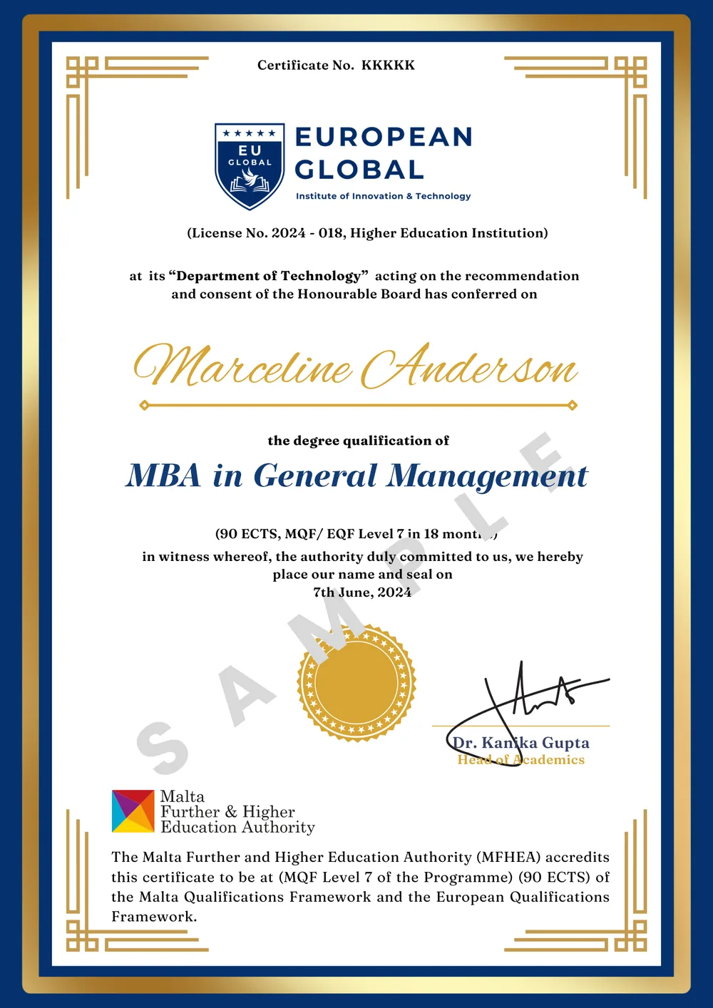 Official EU Global sample MBA certificate, marked SAMPLE