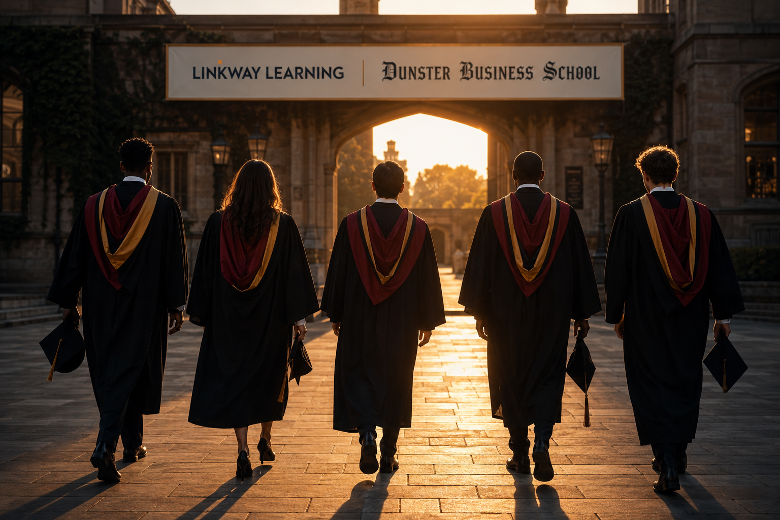 Graduates celebrating at sunset